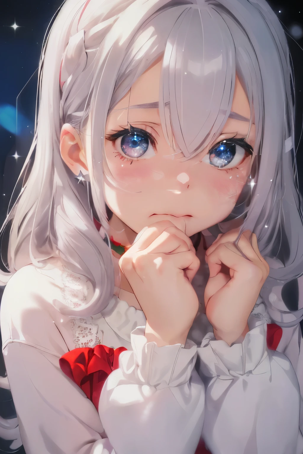 (shiny gray hair),(medium curly hair:1.2),(Light pink eyes),(With bangs),Slight red tide,(white and navy sweatshirt:1.4),(shortpants:1.45),(Lace and ruffles on the collar:1.3),(Staring at me with an impressed face:1.3),(Hiding the mouth with your hands:1.65),(Teary-eyed),(Inside your eyes are sparkling like stars:1.5),(A girl's room with soft light:1.4),(Christmas tree),(🎄),(Fluffy and fluffy accessories),(lots of christmas presents:1.3),(close up of face:1.35),(Eye size:1.7),