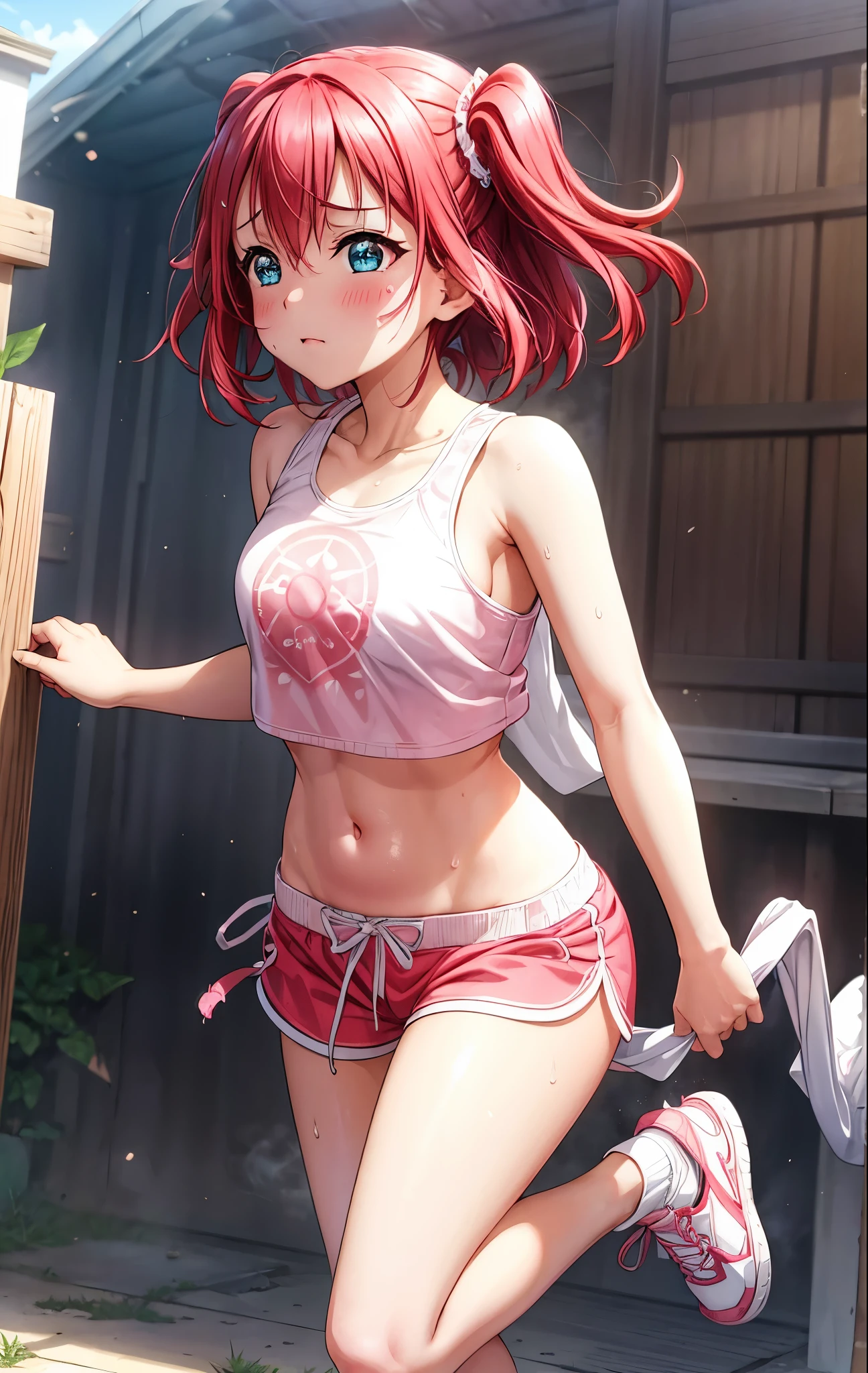 Kurosawa ruby,pink Crop top, white tight shorts ,soaked in sweat,sweaty, heavy breathing,red face,blunt hair,, standing, string thong bikini