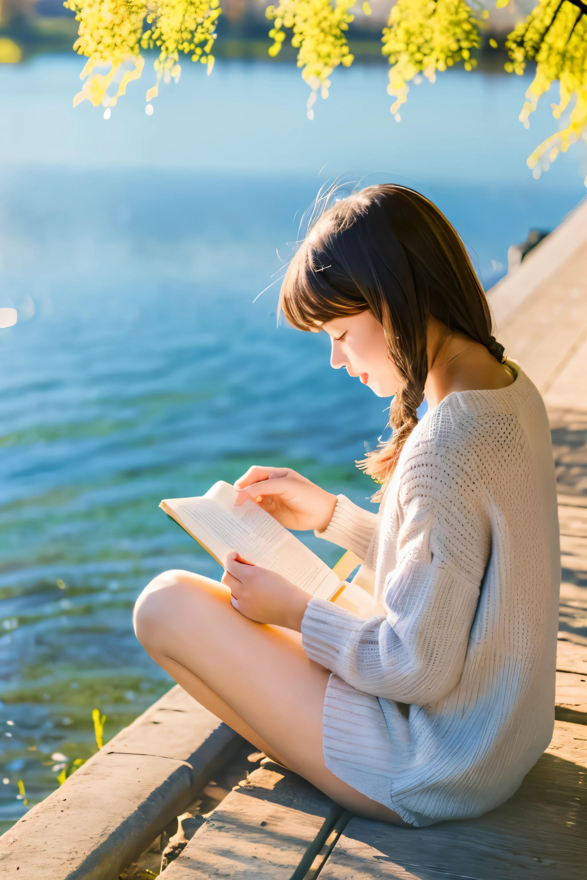 Girl reading a book by the lake, Bright colors, spring, willow branches, where comfort, warm sunlight