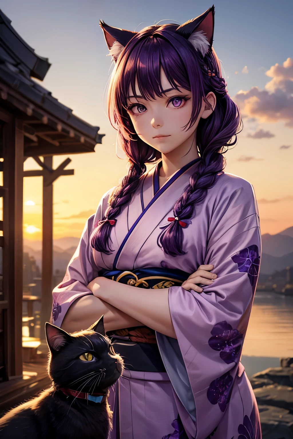 Top quality, high resolution, perfect human structure, background focus, front view, purple hair, glowing hair, cat ears, crossed arms, french braid, crazy eyes, kimono, sunrise,