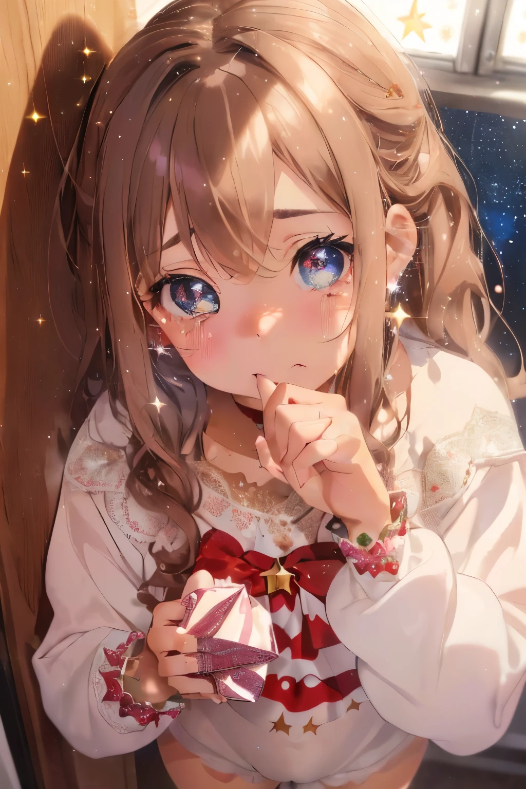 (shiny light brown hair),(medium curly hair:1.2),(Light pink eyes),(With bangs),Slight red tide,(white and navy sweatshirt:1.4),(shortpants:1.45),(Lace and ruffles on the collar:1.3),(Staring at me with an impressed face:1.3),(Hiding the mouth with your hands:1.65),(Teary-eyed),(Inside your eyes are sparkling like stars:1.5),(A girl's room with soft light:1.4),(Christmas tree),(🎄),(Fluffy and fluffy accessories),(lots of christmas presents:1.3),(close up of face:1.35),(Eye size:1.7),