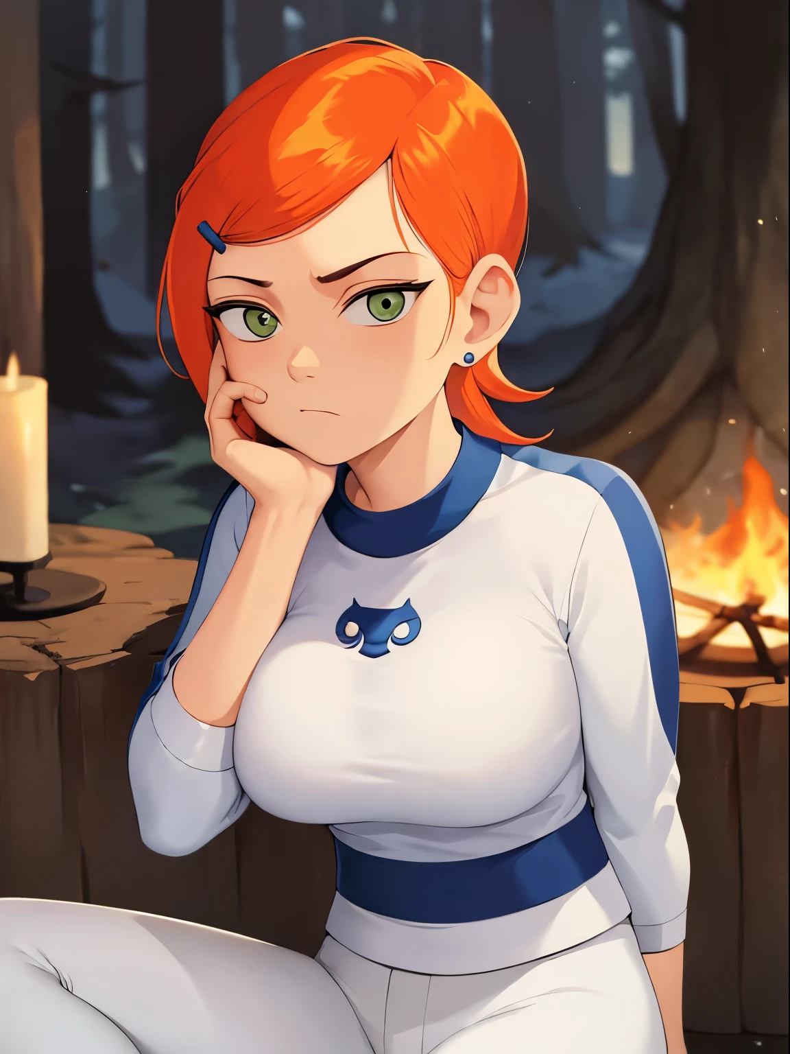 masterpiece, best quality, Gwendolyn_Tennyson, 1girl, solo, white pants, long sleeves , sitting, campfire, warm lighting , hand on own face , annoyed, head tilt, looking to the side, gigantic breasts