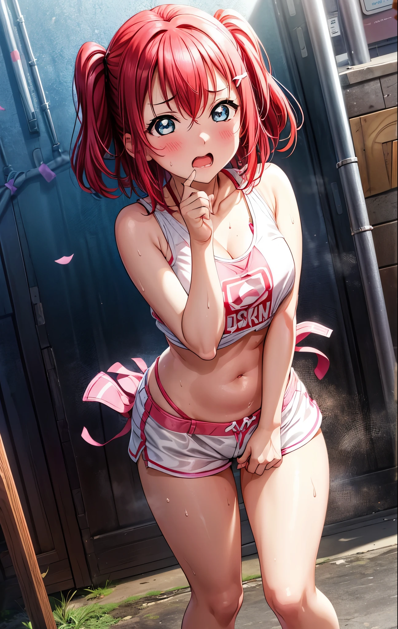 Kurosawa ruby,desire to have sex, (begging for sex:1.3),pink Crop top, white tight shorts ,soaked in sweat,sweaty, heavy breathing,red face,blunt hair,, standing, string thong bikini