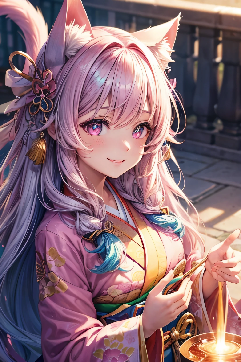 Top quality, high resolution, perfect human structure, background focus, front view, iridescent hair, glowing hair, cat ears, heart shaped pupils , wavy hair, shiny hair, smiling, pink kimono, beautiful,