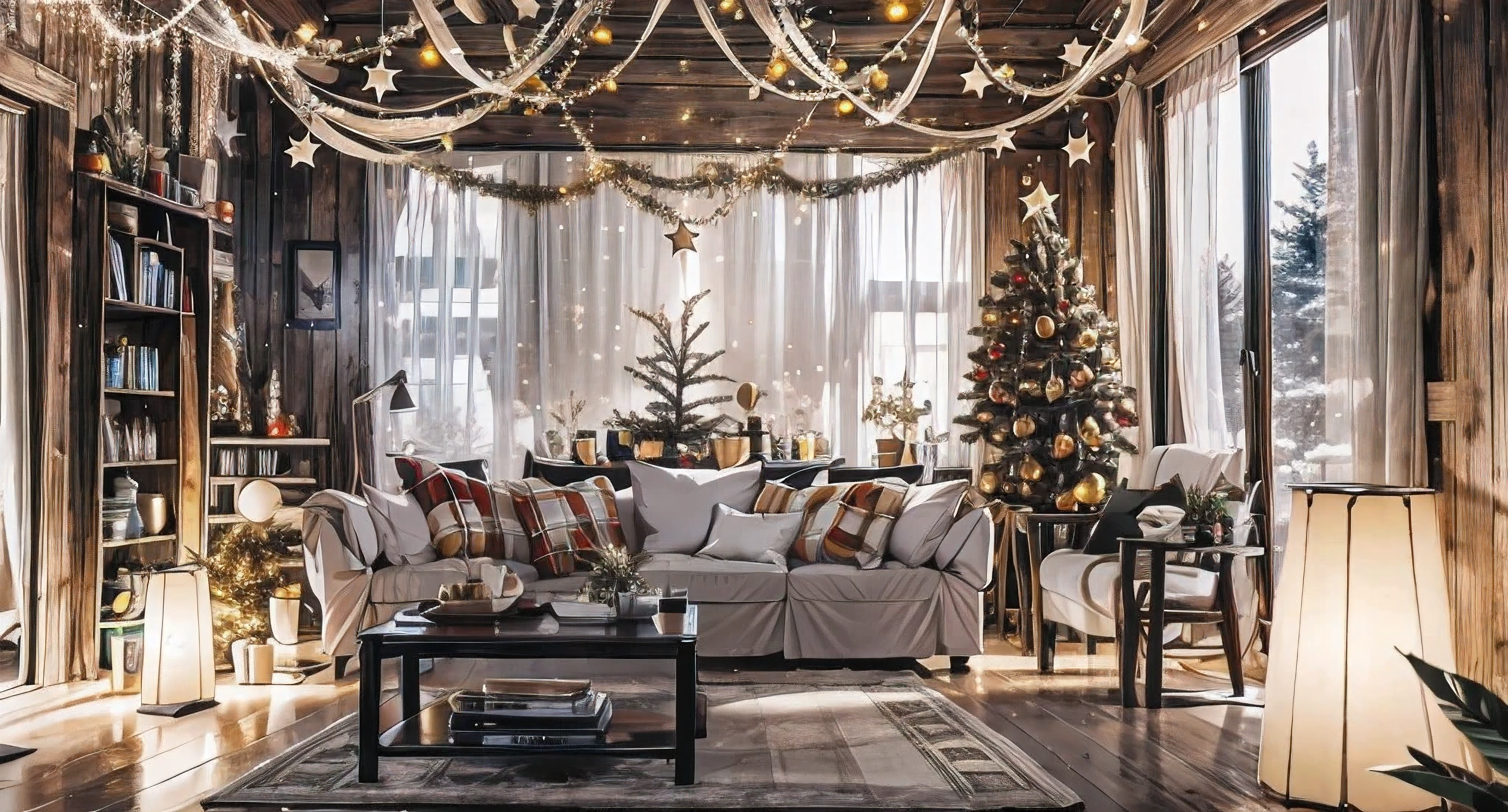 (Masterpiece in maximum 16K resolution), the best quality, (very detailed CG unity 16k wallpaper quality),Super Detailed. | Stunning reflections, the best reflections ever, (glow), (particle effects), Isometric 3D, Octane Rendering, Ray Traced,(best illustration). | Loft Style Living Room, Christmas Decorative style gorgeous, Christmas Tree, Christmas Gifts, Minimalist Decorative style, Christmas Mistletoes, Giant UHD TV, IKEA furnitures.
