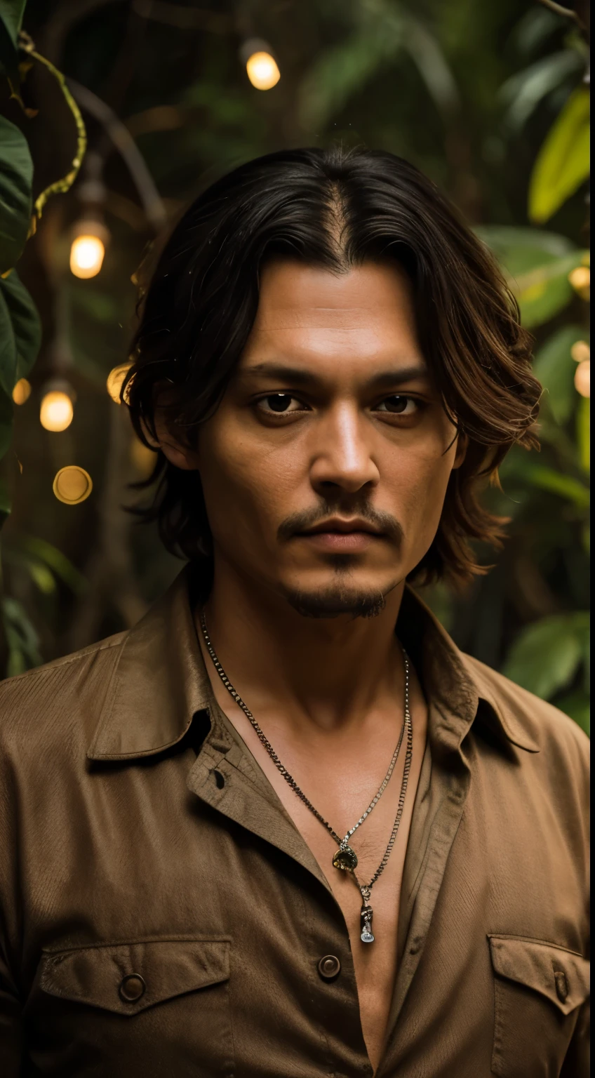 masterpiece, johnny depp walking through jungle at night among fireflies, (high detail:1 1), rough face, natural skin, high quality, nsfw, beautiful eyes, (detailed face and eyes), (face: 1 2), noise, extra, real photo, PSD, lamp film photography, sharp focus, contrast lighting, detailed skin, high resolution 8k, crazy detail, realistic, professional photography, 8k UHD, SLR camera, soft lighting, high quality, film grain, Fujifilm XT3