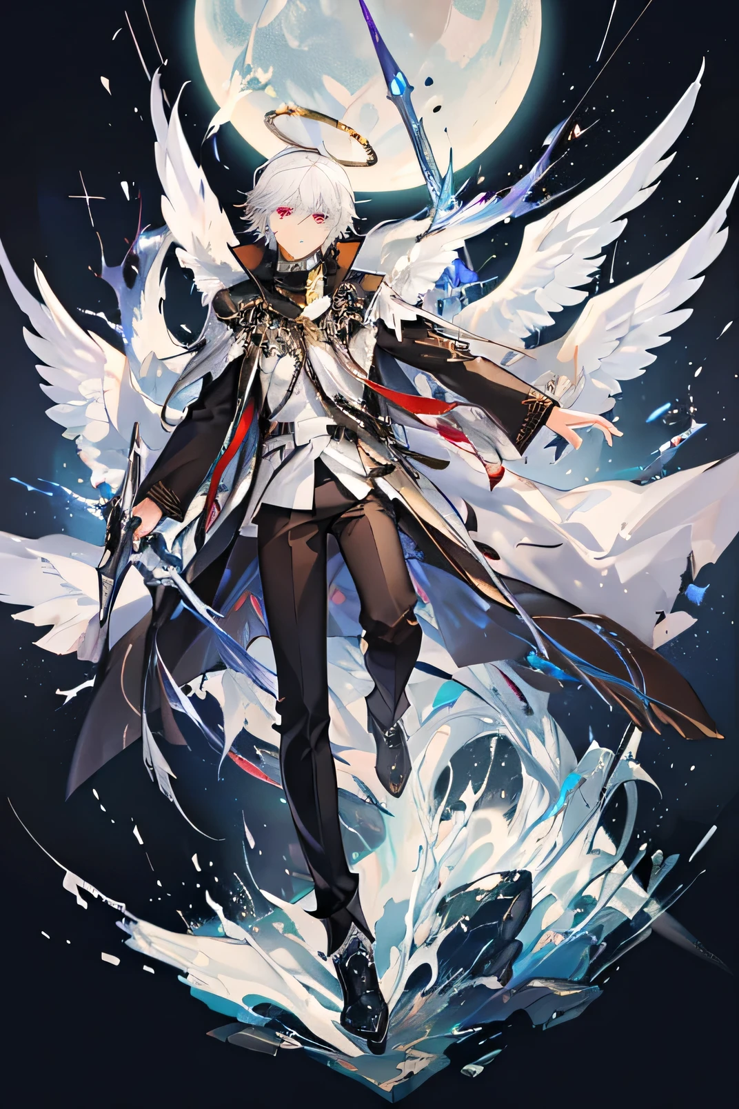 anime boy, half angel half demon (half white half black) ,eyes closed, concentrate expression, very HD, fantasy background, full body view