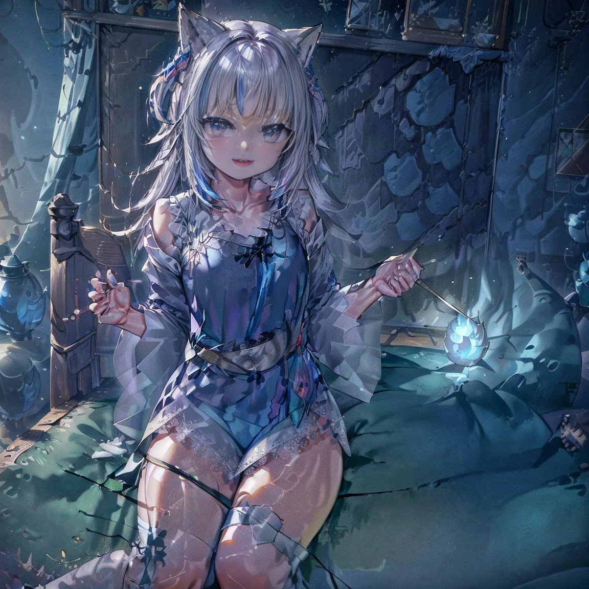 O spirit blue fire-haired fox girl, (fluffy fox ears, Fluffy fox tail), (O spirit, O spiritual:1.4), (blue flame:1.5), 1个Giant Breast Girl, Perfect and well-designed glowing eyes Beautiful detailed eyes:1.05), naturey, (Bigchest:0.75), slim, Beautiful, delicate and lovely face, (Details on the face), ((actual face)), pores, ((Light gray skin)), Detailed pubic hair skin, actual skin, (((Glowing light))), ((Glossy glossy skin)), (poison fangs:1.5), (coloursful gradient skin), (monstergirl:1.25), (fur body:1.4), Face, medium lenght hair, voluminous hair, (((((coloursful gradient hair))))), 超高分辨率, 8K, Parameters 最the good质量, (tmasterpiece:1.4), (Magic accessories:1.4), bangle, Extremely detailed, thick and firm ({nylon|Aijia}:1.5) Soft and bright ((deep bluelue:0.4), Plata:1.ink, The purple:0.75)) Rich cleavage ({(Stand-up collar dress shirt:0.6)|((Off-the-shoulder dress:1.2),(the good:0.65))|({(satin:0.9)|(Lace:1.4)} (vests:1.25))}, (kimono sleeves:1.2), ((pyjamas:1.4), (mini-skirts:0.75))), (of shoulders:1.6), (stand under the cloth:1.25), (Ornaments on clothes:1.5), (low chest:1.3), (Chopping:1.3), decolletage, navel, Young girls, Little beasts, (ssmile:0.7), (pale-skinned:1.4), (((Flower tattoos all over body, Leg tattoo designs))), ultra - detailed, realisticlying, ((Authentic images)), (最the good质量:1.4), 超高分辨率, (actual 2.0), higher details, (((1个Giant Breast Girl))), (Lie down in bed:1.25), (Spacious bedroom:1.5), The city and the building behind the window, A futuristic, cyber punk perssonage, Magic technique, (Beautiful and beautiful:1.2), (s fractal art:1.4), (电影灯光:1.1), (Close-up of Dutch Corner:1.3), 16k, HighDynamicRange, real time transmission, Ray traching, Radio City, Anisotropy Filtering, subsurface diffuse light))), metallic reflective, Detailed pubic hair, actual, 4k 高度Detailed pubic hair数字艺术, (Cool_colourtremely detaild的 CG unified 8k wallpapers, We are good NT posture:1.6)