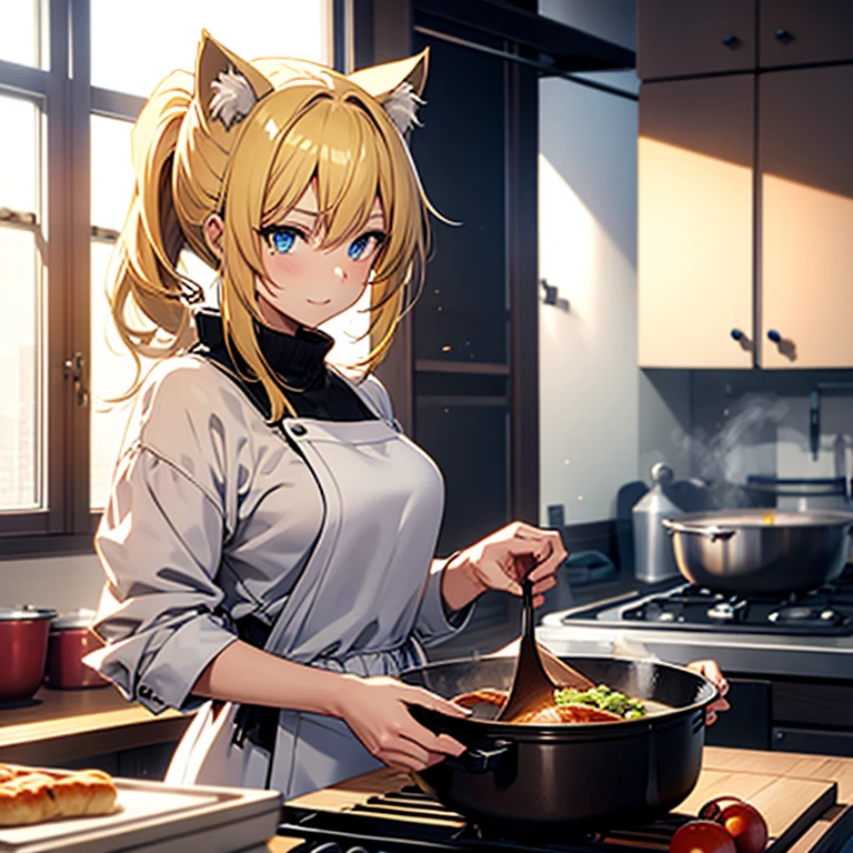 Blonde lion woman roasting meat in the oven A bowl of rice
