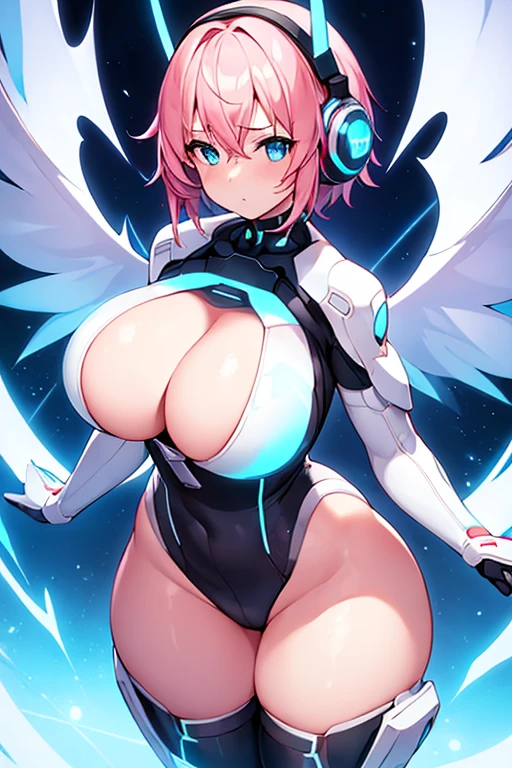 1girl, large breasts, breasts, thick thighs, wide hips, pink hair, very short hair, short hair, hair ornament, ornament, headphones, blue eyes, white bodysuit, bodysuit, futuristic, science-fiction, tech, machinery, angel wings, wings, thigh strap, cutout, cleavage, serious, neon trim, neon