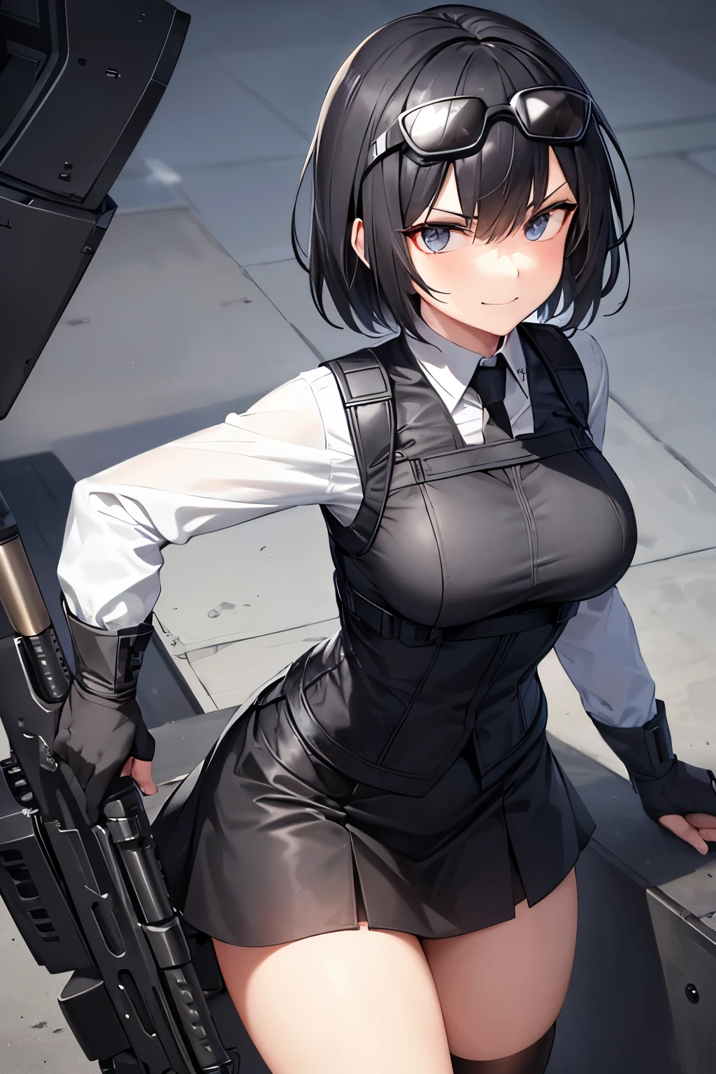 Woman, black short hair, wearing tactical ach helmet and raised clear fast googles, White long-sleeved shirt, black tie, Wear a bulletproof vest, Black skirt and stockings. Wear sunglasses, Angry expression, smiling expression.