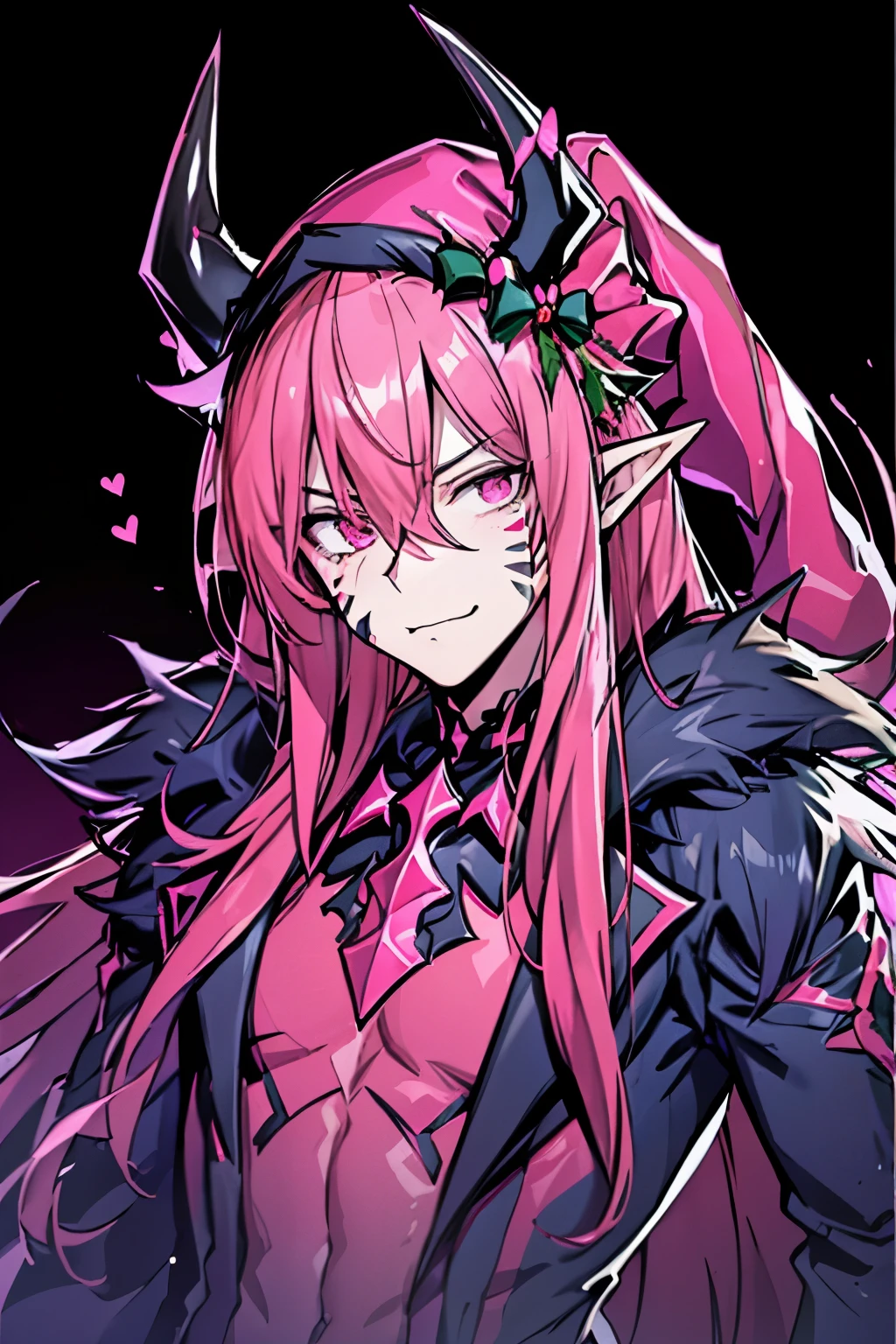 pointy ears, pink hair, comics, male focus, pink eyes, man, facial mark, demon boy, solo, long hair, male, horns, upper body, demon horns, hair between eyes, (roupa de natal:1.2, Christmas hat:1.2)