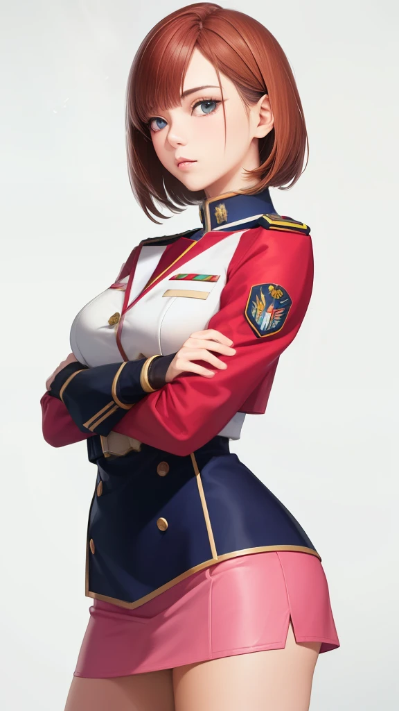 1girl in, sayla mass, Elegant, masutepiece, Convoluted, Army pink uniform dress with a super miniskirt that almost shows your panties、Super miniskirt You can see the pants in the miniskirt、White panty、Realistic, Best Quality, With White Base and Mobile Suit Gundam in the background、absurderes, high face detail, Perfect eyes, 18 years old, Cowboy Shot, realization、, Vibrant colors, Pink Uniform, Skirt