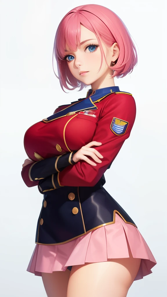 1girl in, sayla mass, Elegant, masutepiece, Convoluted, Army pink uniform dress with a super miniskirt that almost shows your panties、Super miniskirt You can see the pants in the miniskirt、White panty、Realistic, Best Quality, With White Base and Mobile Suit Gundam in the background、absurderes, high face detail, Perfect eyes, 18 years old, Cowboy Shot, realization、, Vibrant colors, Pink Uniform, Skirt