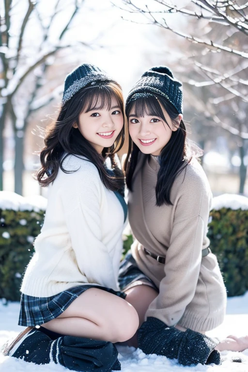 (2 girls in , couple focus, classmates, Adorable, 14years) ,and draw the full body, (Best Quality, 超hight resolution, photographrealistic, Ultra-detailed細, 8K),japanaese girl, cheek-to-cheek, White cute clothes, Show your beautiful teeth,Bursting smile, hair scrunchie, ((Perfect hands without discomfort,Perfect feet with no discomfort)),Super Detailed Face、Detailed lips、A detailed eye、small gravure idol,Transparent skin,I keep my hair up and short,Her breasts are small, Hands on the chest,A Cup,rosy cheeks,Best Quality,4K,8K,hight resolution,masutepiece:1.2,Ultra-detailed,Realistic,Photorealistic:1.37,Winters, Snow, Snowy landscape, beautiful girl in a down coat, Detailed eyes, Detailed lips, long eyelashes, Mini Pleated Skirt, snowscape, Soft lighting, cosy atmosphere, Medium: Oil Painting, New snow, Wintersのワンダーランド, Cool color tones, Delicate brush strokes, Snowy trees, Frosty breath, serene expressions, playful pose, natural beauty, Yuki, Snowy ground, Wintersのファッション, Stylish outfit, Snow boots, rosy cheeks, Wintersの楽しみ, peaceful ambiance, ethereal beauty, 魔法のようなWintersの景色, Wintersのファッショニスタ, Whimsical charm、a baby face、A slight smil、thighs thighs thighs thighs、short cut hair