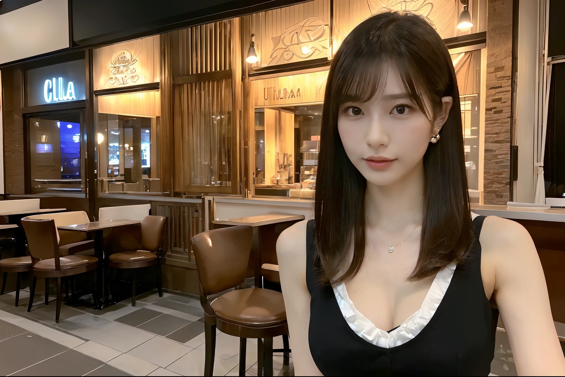 (The ultra -The high-definition:1.5)(ultra-detailliert:1.3) (ultra-quality) (An ultra-high picture quality:1.5) (rialistic photo:1.3) A Japanese Lady 21years old ((detailed and beautiful faces:1.3)) ((realistic skin textures:1.3)) ((Precise, high-quality eyes:1.3)) ((The beauty of detailed and high quality ears, Very fair and transparent skin:1.3)) ((Beautifully groomed straight short bob hair))Complete body beautiful proportion (Thin sleeveless shirt in fabric) long gathered skirt The background is the inside of a cafe at dusk.. Beautiful, Luxurious and stylish interior ((Viewer's Perspective:1.3)) Wet lips ajar Colossal tits ((Very beautiful high definition image quality)) ((驚くほど美しいultra-qualityでリアルな画質)) ((masterpiece:1.3)) Detailed and realistic ear reproduction