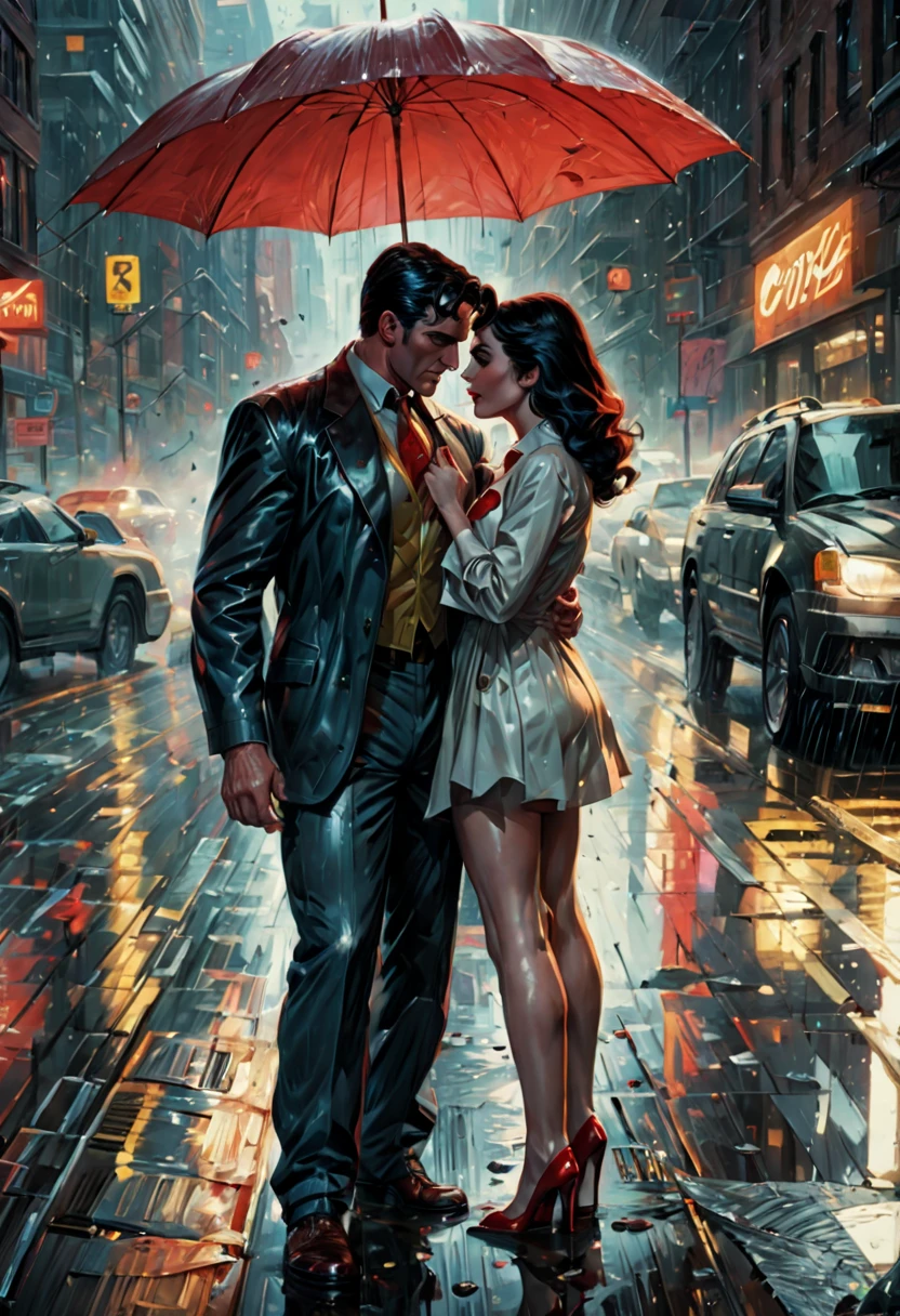 superman and lois in the rain, textless, by James Gurney, by Alex Ross, alex ross style, by John J Park, james gurney painting style, by Austin Briggs, drew struzan style art, chris moore. artgerm, concept art of love, style of alex ross, by Donato Giancola, by stanley artgerm