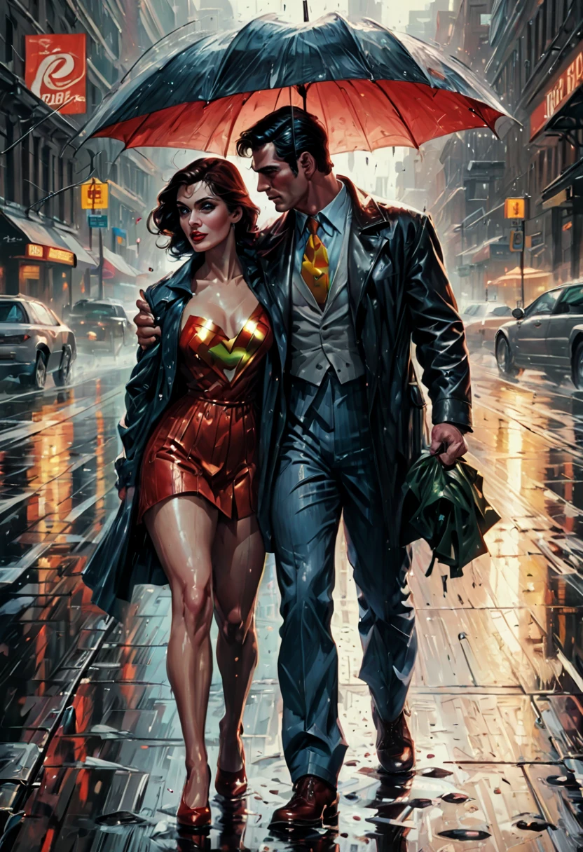 superman and lois in the rain, textless, by James Gurney, by Alex Ross, alex ross style, by John J Park, james gurney painting style, by Austin Briggs, drew struzan style art, chris moore. artgerm, concept art of love, style of alex ross, by Donato Giancola, by stanley artgerm