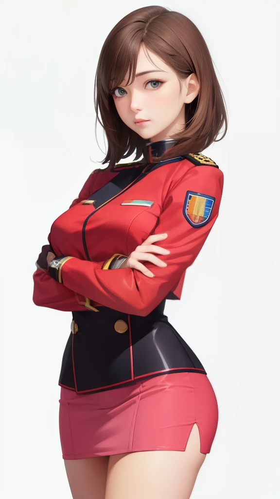 1girl in, sayla mass, Elegant, masutepiece, Convoluted, Army pink uniform dress with a super miniskirt that almost shows your panties、Super miniskirt You can see the pants in the miniskirt、White panty、Realistic, Best Quality, With White Base and Mobile Suit Gundam in the background、absurderes, high face detail, Perfect eyes, 18 years old, Cowboy Shot, realization、, Vibrant colors, Pink Uniform, Skirt
