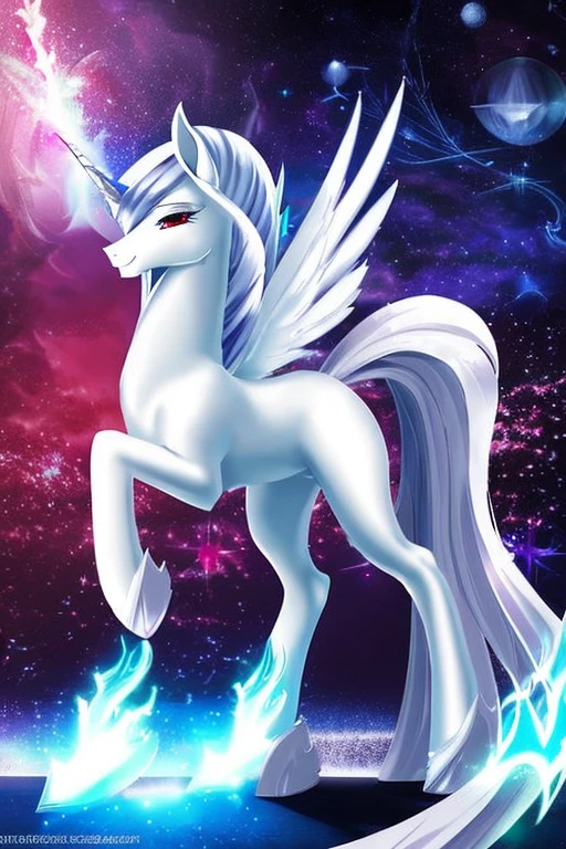 (masterpiece), best quality, expressive eyes, perfect face, sexy alicorn mare, (pearl white skin), sexy, full body, naked, beautiful, dominant, loving, (long silver mane with black tips), mlp, mlp oc, red eyes, tall, 1girl, silver tail with black tips, canterlot unicorn, sadistic, pearl white unicorn horn, wings with black tips, huge asutt tattoo of a chaos star))), feral, horn alight with a magical aura