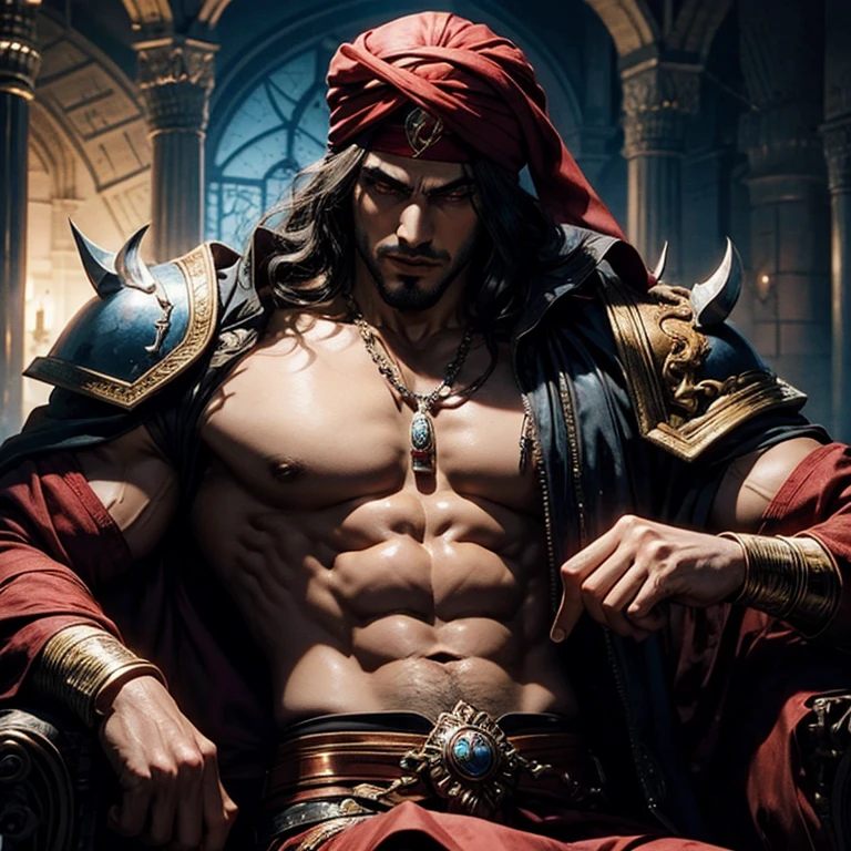 Moroccan Arab Handsome Lord Muscular Dracula with Red Turban Hokuto No Ken Face Structure Castlevania Super Realistic Shadow Lord Super Detailed