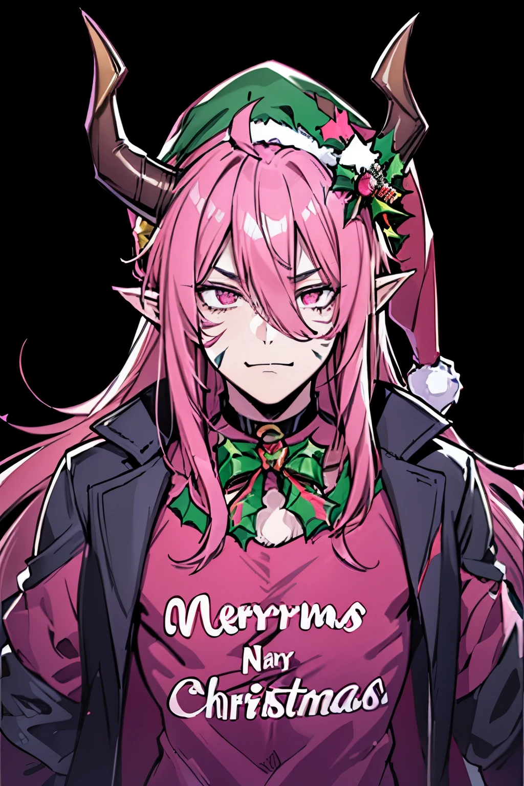 pointy ears, pink hair, comics, male focus, pink eyes, man, facial mark, demon boy, solo, long hair, male, horns, upper body, demon horns, hair between eyes, (roupa de natal:1.4, Christmas hat:1.4)