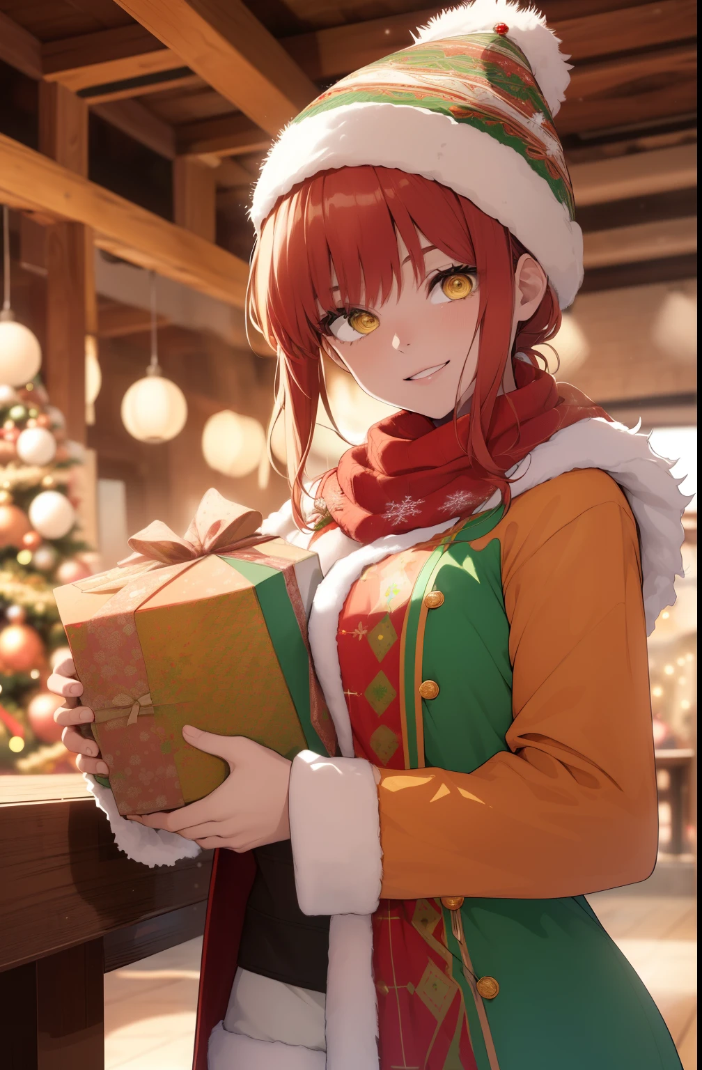 ((La mejor calidad)), ((Obra maestra)), (Detallado), Cara perfecta, better lighting, Hermosa, ((4k)), SFW, Makima hombre motosierra, navidad, Christmas Costume, vestida con ropa de navidad, gorro de navidad, ((8k))