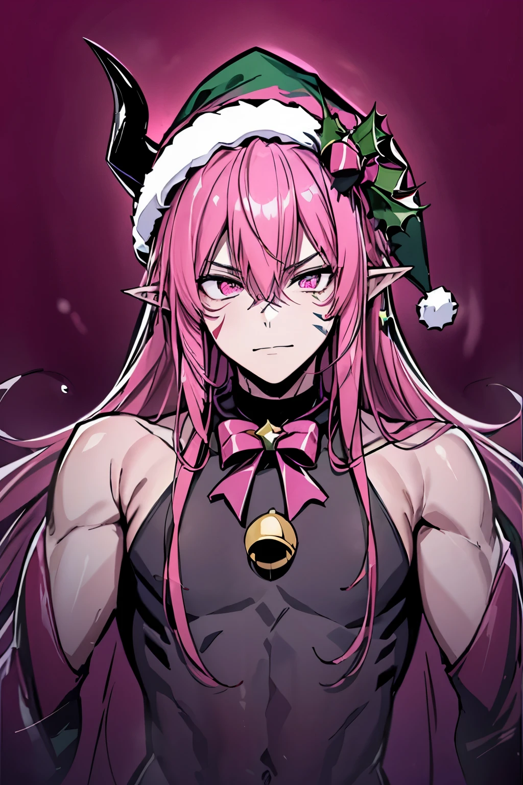 pointy ears, pink hair, comics, male focus, pink eyes, man, facial mark, demon boy, solo, long hair, male, horns, upper body, demon horns, hair between eyes, (roupa de natal:1.4, Christmas hat:1.4)
