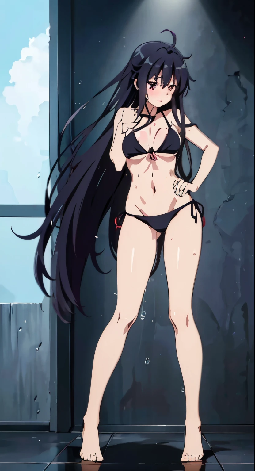 Close-up shot of busty girl in bikini from behind、Flirting posture、(tmasterpiece、quality、the detail、超高分辨率、8K、Beautifully detailed lighting、Very beautiful girl、very long black hair，Coiled hair、female high-school student、White shower gel liquid on face、Clothed only in bikini、cleavage display、sweat profusely、1 girl in、黑The eye、Red blush、embarrassed from、bareless、compulsive、Loved it very much、Perfectly trimmed fingers，don't have clothes，spread your legs，Roll your eyes upwards，Stick out your tongue，Full body photo，slender thighs，Spread your legs，drools，messy hair，half-open bikini。Put one hand between your legs，There are tears in the corners of the eyes，There are swirling lines inside the eyes，Tsundere，body up and down，Strenuous movements、Hand repair