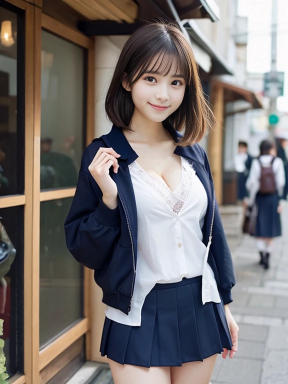 Highly detailed CG Unity 8k wallpaper、highest quality、Ultra-detailed、masterpiece、Realistic、Photo realistic、Highly detailed cute girl、15 years old、Girls&#39; High 、Summer clothes、Navy Blue Blazer、White blouse、White collared shirt blouse、((Cleavage))、Pleated skirt、hortcuts、Black Hair、Bobcut、((Roll up the skirt yourself)))、(Lift it yourself)、Not wearing panties、No underwear、Pantyless、blush、Lips parted、Looking at the audience、Semi Body Shot、(A large number of people)、(On the streets of Tokyo)、(((Show your pubic area excitedly )))、Shaved、No pubic hair、