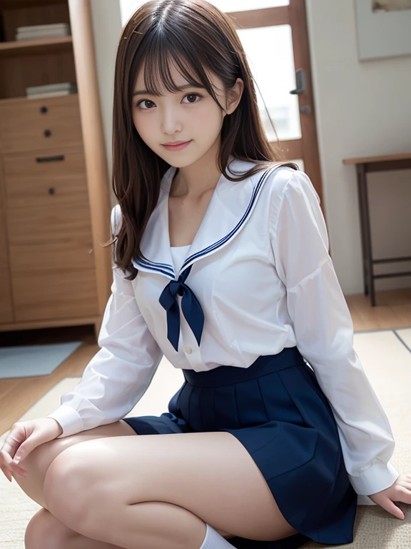 ((highest quality, 8K, masterpece :1.4anime)), highest real,Sharpness:1.3, Perfect Body Beauty:1.4,super detailed face and skin texture,(Glowing skin) ,((super real,best quality)),(soft lighting),super detailed face,top-quality、SUPER high resolution、photo of an exquisitely beautiful JAPANESE girl、Extraordinary beautiful girl、Detailed cute and beautiful face、(pureerosface_v1:0.008)、LONG HAIR cut with beautiful bangs,Attractive bright natural BROWN HAIR, (short straight silky hair)、finer hair,alice in the wonderland、18 year old、Glowing white shiny skin、facial hairs、Bangs that extend to the face、Bangs between the eyes、Attractive glowing beautiful bright clear big eyes、eye liner、Double eyelids、Lush bust, ((NSFW:1.5)), my sister,18 years old,((JAPANESE IDOL)),(huge breasts :1.8,large breasts:1.8,beautiful areola,small areola),(Glowing skin),(((Manga style background)),(Inside the room, bright room, Marble floors, white concrete walls,large windows, sunlight shines in),)((Perfectly rendered hands and fingers)),((Look down:1.6,Look at mybreasts:1.6)),((Composition from the front:1.4)),((SMILE FACE:1.4)),(close up face:1.2,upper body:1.2),((school uniform:1.4,sailor suit:1.4,RED SKIRT:1.2,WHITE SHIRTS:1.2)),(Squatting:1.4,cum in pussy:1.4)