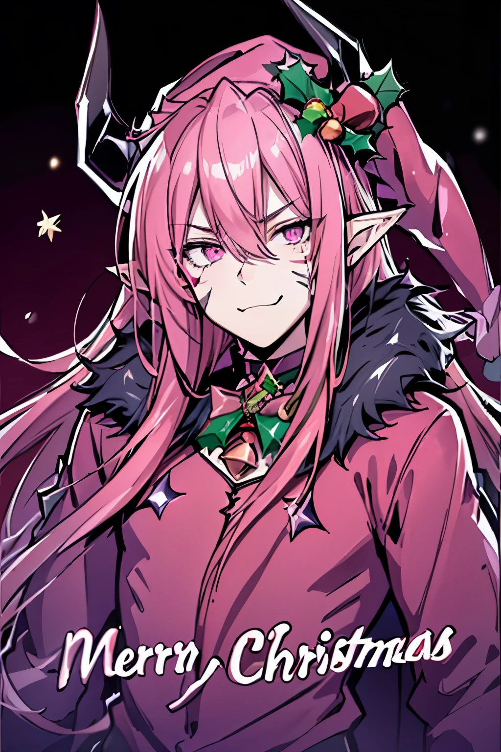 pointy ears, pink hair, comics, male focus, pink eyes, man, facial mark, demon boy, solo, long hair, male, horns, upper body, demon horns, hair between eyes, (roupa de natal:1.4, Christmas hat:1.4)