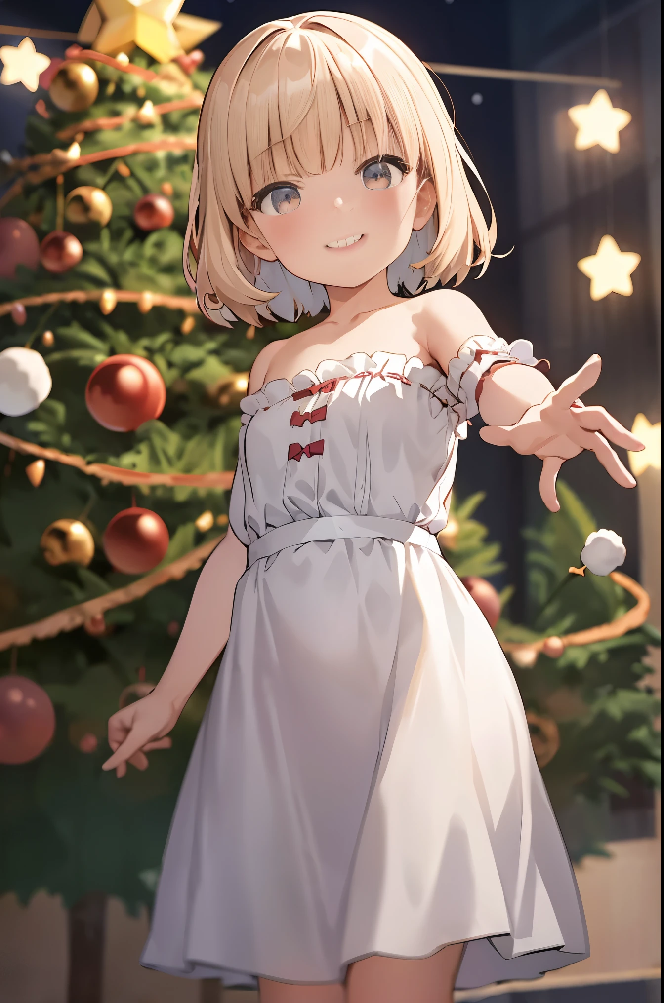 reallistic、Movie Still、Girl 2,Cloud Girl、,In front of the huge illuminated Christmas tree、NOWAI,naked girl、Showing off the vagina、发光、With smiling eyes、A delightful、Warm and soft lighting、light glow,blush