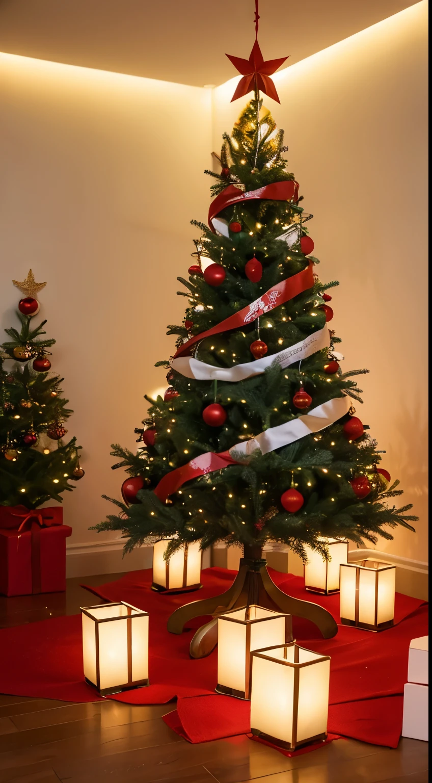 Depicts a tree decorated with Chinese knots、Red Christmas tree with lantern and cutout,(closeup cleavage,k hd,Stereo light,cinematric light,bioluminescence ,Leave white space,)The background uses green to highlight the festive atmosphere,Clear color contrast,Peking opera masks and silks are placed next to the tree as decoration。Outline the Christmas tree with clean lines,Lanterns and cutouts filled with brightly colored paints,Create a festive atmosphere。
high qulity,Highly practical,color curve,Odds rules,With "Merry Christmas" greetings