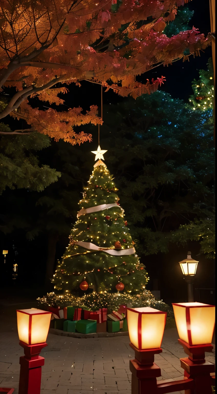 Depicts a tree decorated with Chinese knots、Red Christmas tree with lantern and cutout,(closeup cleavage,k hd,Stereo light,cinematric light,bioluminescence ,Leave white space,)The background uses green to highlight the festive atmosphere,Clear color contrast,Peking opera masks and silks are placed next to the tree as decoration。Outline the Christmas tree with clean lines,Lanterns and cutouts filled with brightly colored paints,Create a festive atmosphere。
high qulity,Highly practical,color curve,Odds rules,With "Merry Christmas" greetings
