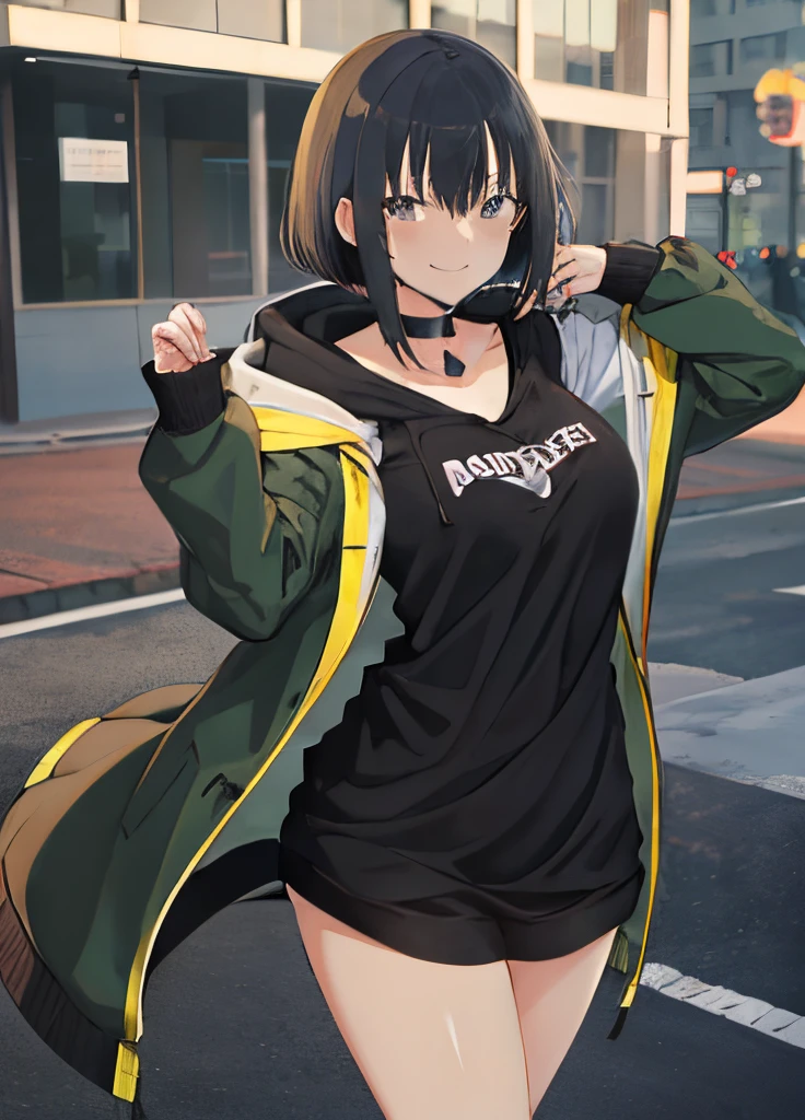 masutepiece, Best Quality, hight resolution, Long hair, greyt hair, bob cuts, Black Choker, a black T-shirt, Hood down, Green jacket, Open jacket, Bottomless, Standing, Cowboy Shot, Street, Smile, huge-breasted, Curve