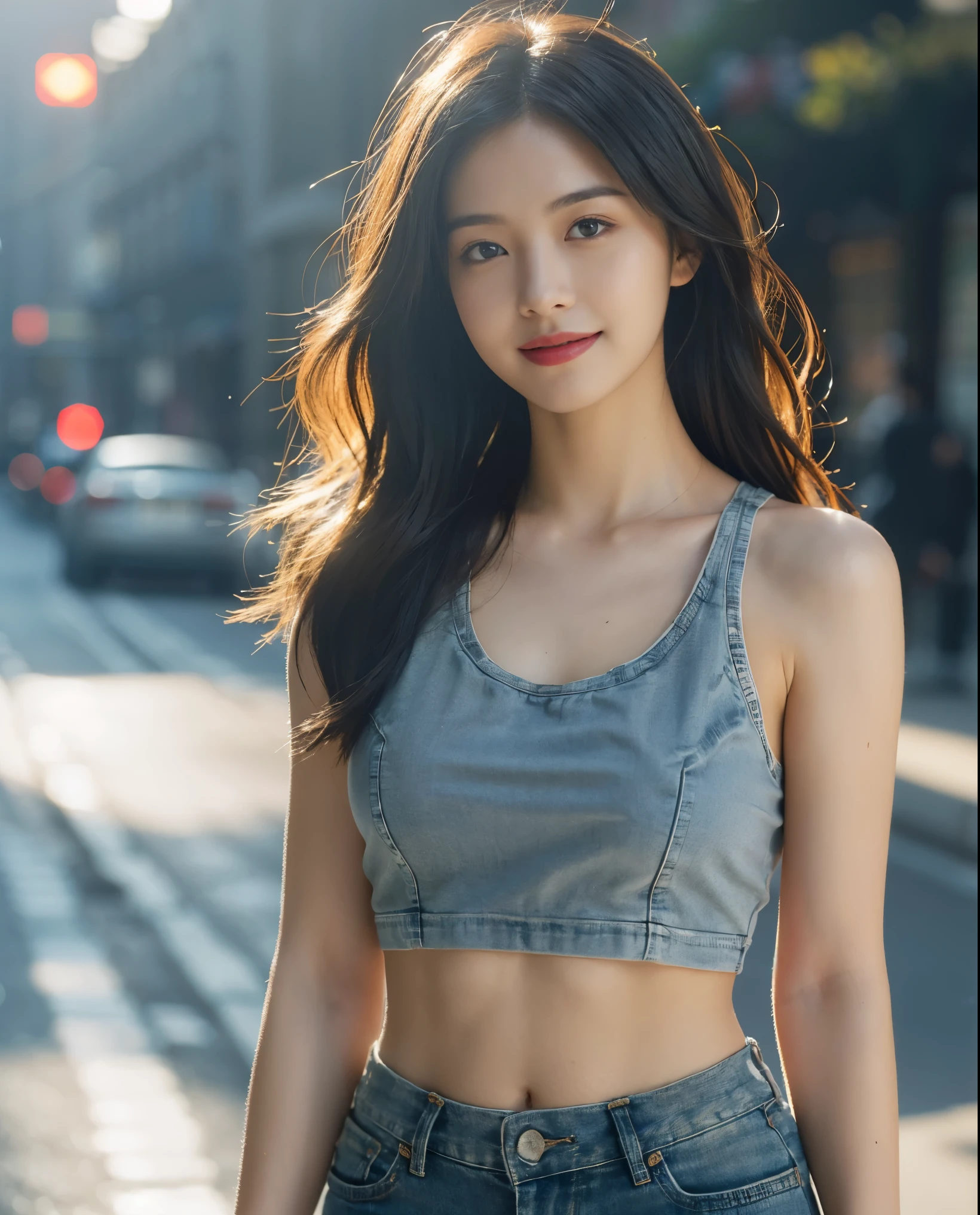 ((medium chest, long hair, small head)), daylight, sunlight, (well-defined abs: 1.1), (perfect body: 1.1), (short wavy hair: 1.2), russet hair, collar, chain, full body photo, shabby street, wearing a black tank top, denim jacket, ((shorttremely detailed CG 8k wallpaper), (extremely delicate and beautiful), (masterpiece), (Best Quality: 1.0), (Ultra Resolution: 1.0), Beautiful Lighting, Perfect Lightning, Realistic Shadows, [High Resolution], Detailed Skins, Ultra Detailed, smile