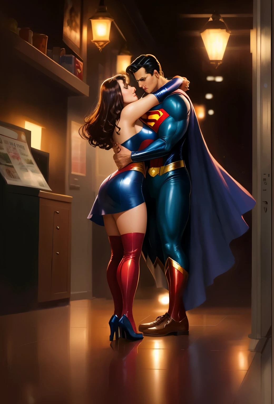 a close up of a woman in a superman costume hugging a man, artgerm and lois van baarle, beautiful comic art, by José Comas Quesada, by Pablo Munoz Gomez, by Pedro Pedraja, by Thomas Dalziel, by Ignacio Zuloaga, by Greg Hildebrandt, dc comics art style