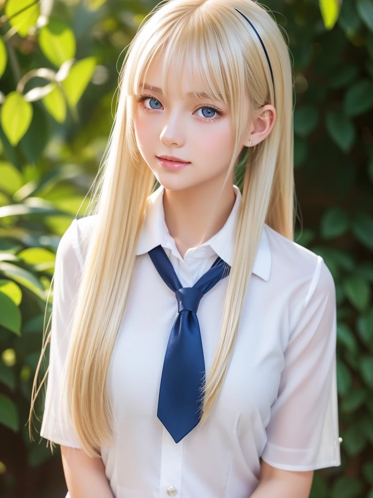 portlate、School Uniforms、bright expression、poneyTail、Young shiny shiny white shiny skin、Gloss Face、Teak Gloss、Best Looks、Blonde reflected light、Platinum blonde hair with dazzling highlights、shiny light hair,、Super long silky straight hair、Beautiful bangs that shine、charming big clear blue eyes、Very beautiful nice cute 16 year old girl、Lush bust