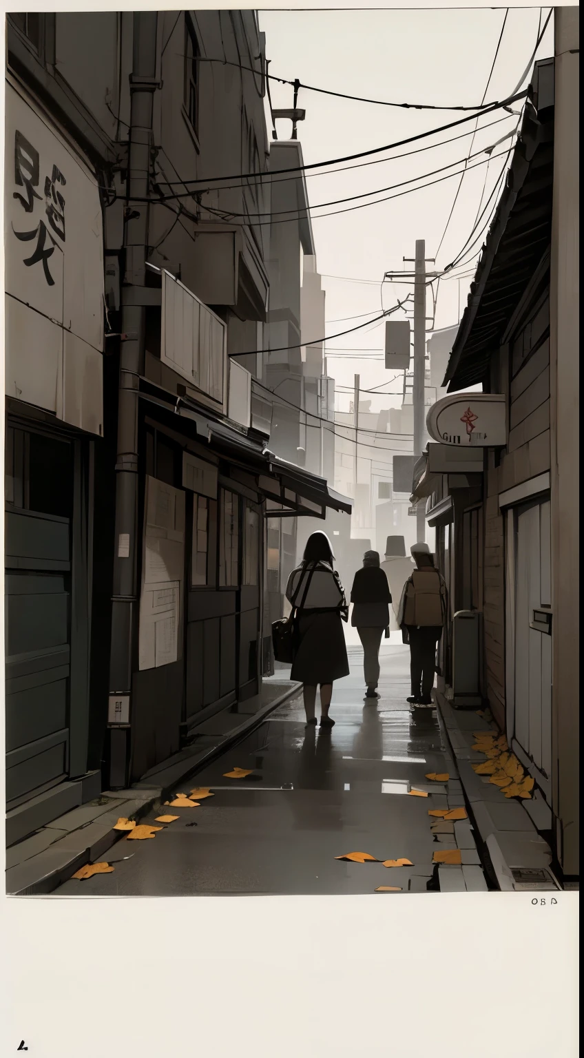 "Please generate a dark image in the style of Japanese animation. The background of the image is a lonely urban street. On this street, show the sight of falling leaves and flying newspapers. The sky is just before evening, with a bit of cloud cover. There are also fallen dollar bills and coins.
Please draw the scene of a man and woman conversing on the left side of the image. The female character is in the style of a beautiful woman. Draw the people prominently.
Items of interest, such as characters, newspapers, buildings, trees, coins should be placed predominantly on the left and right, rather than in the center of the image."