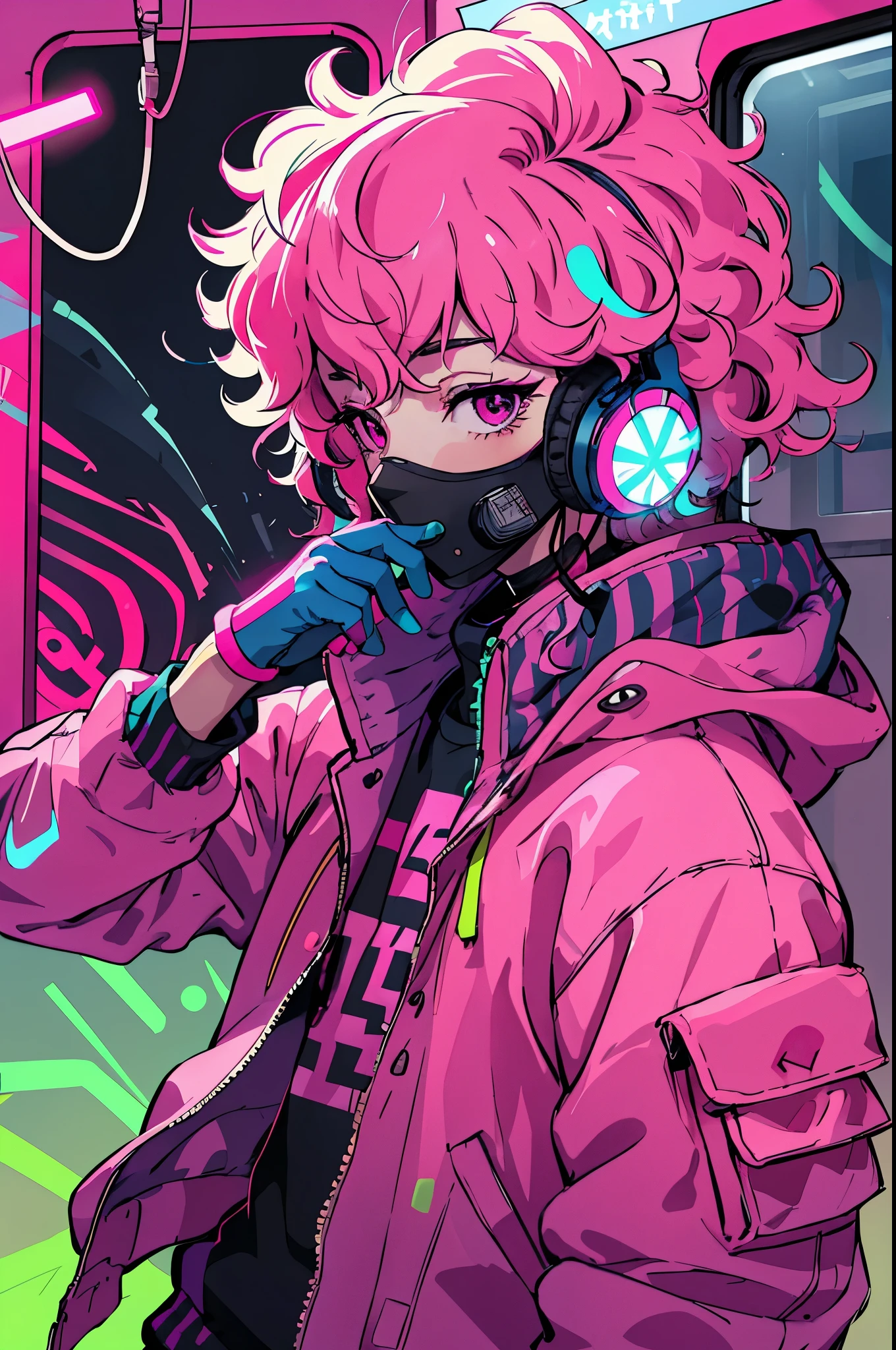 Kpop boy Inside a train, pink gloves, face mask, looking at her phone, cool colorful jacket, listening to her headphone, pink messy curly hair, neon glowing style, cool  background, young