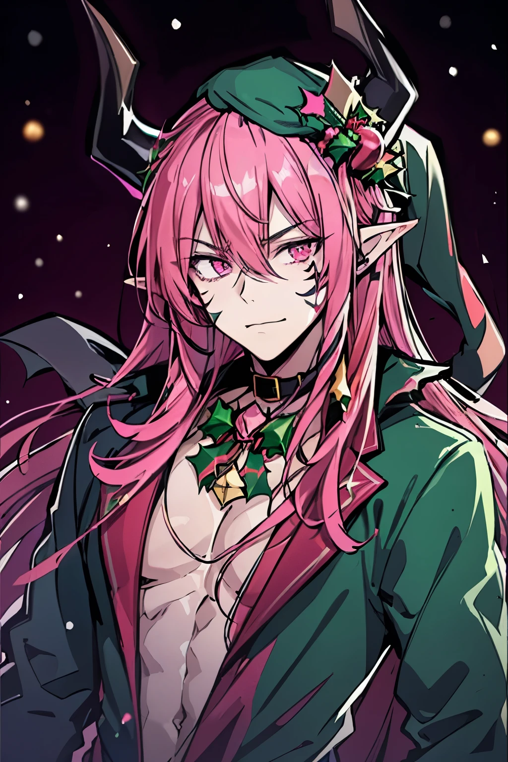 pointy ears, pink hair, comics, male focus, pink eyes, man, facial mark, demon boy, solo, long hair, male, horns, upper body, demon horns, hair between eyes, (roupa de natal:1.4, Christmas hat:1.4)
