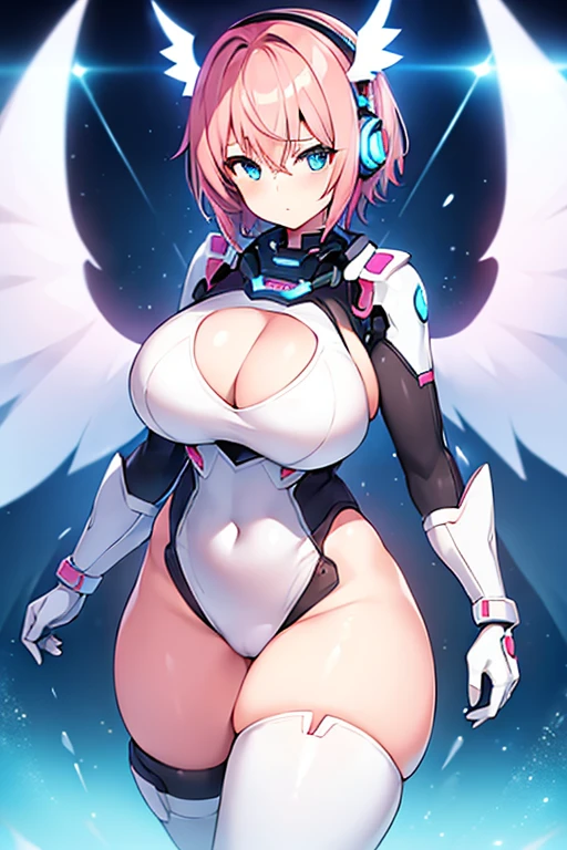 1girl, large breasts, breasts, thick thighs, wide hips, pink hair, very short hair, short hair, hair ornament, ornament, headphones, blue eyes, white bodysuit, bodysuit, futuristic, science-fiction, tech, machinery, angel wings, wings, thigh strap, cutout, cleavage, serious, neon trim, neon