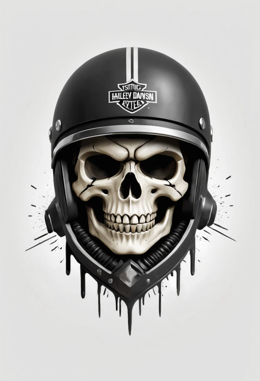 Harley Davidson logo design,t shirt design,beefy style,design only,white background,no model,professional,high contrast,high-res,ultra-detailed,vivid colors,metallic accents,sharp focus,edgy,dynamic composition,gritty texture,rough brush strokes,mechanical elements,chrome effect,classic typography,retro style,distressed look,aggressive lines and curves,3D rendering,striking visual impact,dark shadows,strong branding presence,monochromatic palette,industrial aesthetic, helmet skull