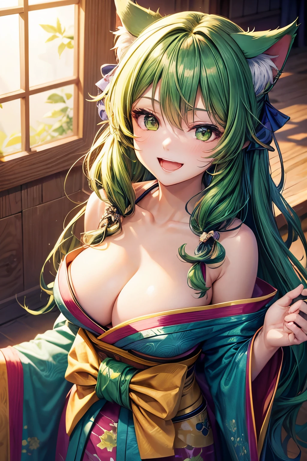 Top quality, high resolution, perfect human structure, background focus, front view, shiny hair, cat ears, medium breasts, cleavage, green hair, multicolored hair, laughing happily, star-shaped pupils, wavy hair, kimono, bath