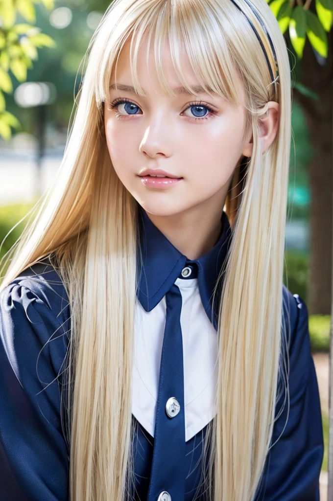 portlate、School Uniforms、bright expression、poneyTail、Young shiny shiny white shiny skin、Gloss Face、Teak Gloss、Best Looks、Blonde reflected light、Platinum blonde hair with dazzling highlights、shiny light hair,、Super long silky straight hair、Beautiful bangs that shine、charming big clear blue eyes、Very beautiful nice cute 16 year old girl、Lush bust
