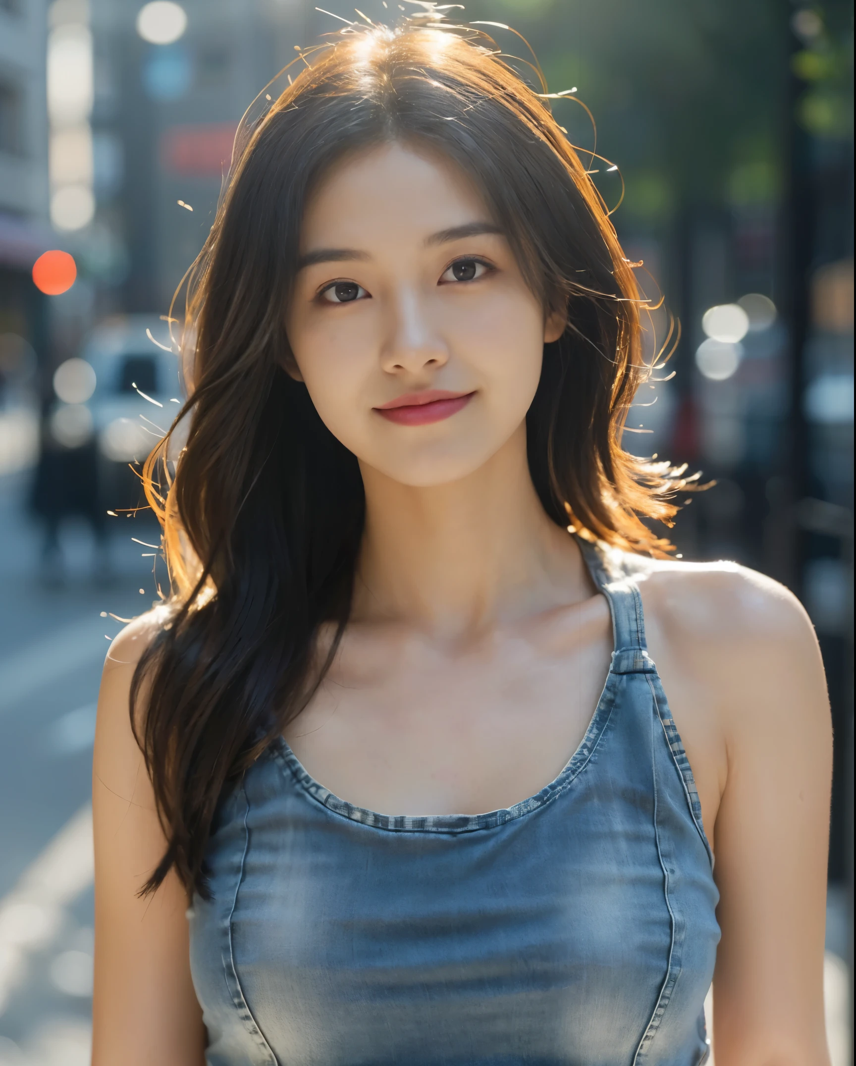 ((medium chest, long hair, small head)), daylight, sunlight, (well-defined abs: 1.1), (perfect body: 1.1), (short wavy hair: 1.2), russet hair, collar, chain, full body photo, shabby street, wearing a black tank top, denim jacket, ((shorttremely detailed CG 8k wallpaper), (extremely delicate and beautiful), (masterpiece), (Best Quality: 1.0), (Ultra Resolution: 1.0), Beautiful Lighting, Perfect Lightning, Realistic Shadows, [High Resolution], Detailed Skins, Ultra Detailed, smile