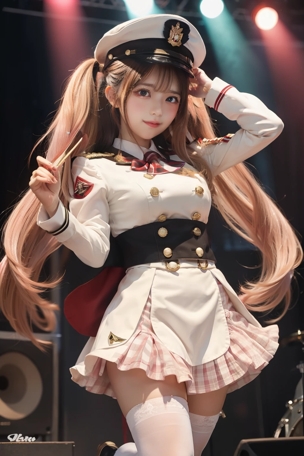 female idol of fairyland（white and red checkered military uniform）、、full body Esbian、knee socks and military cap、、Pink twin tails