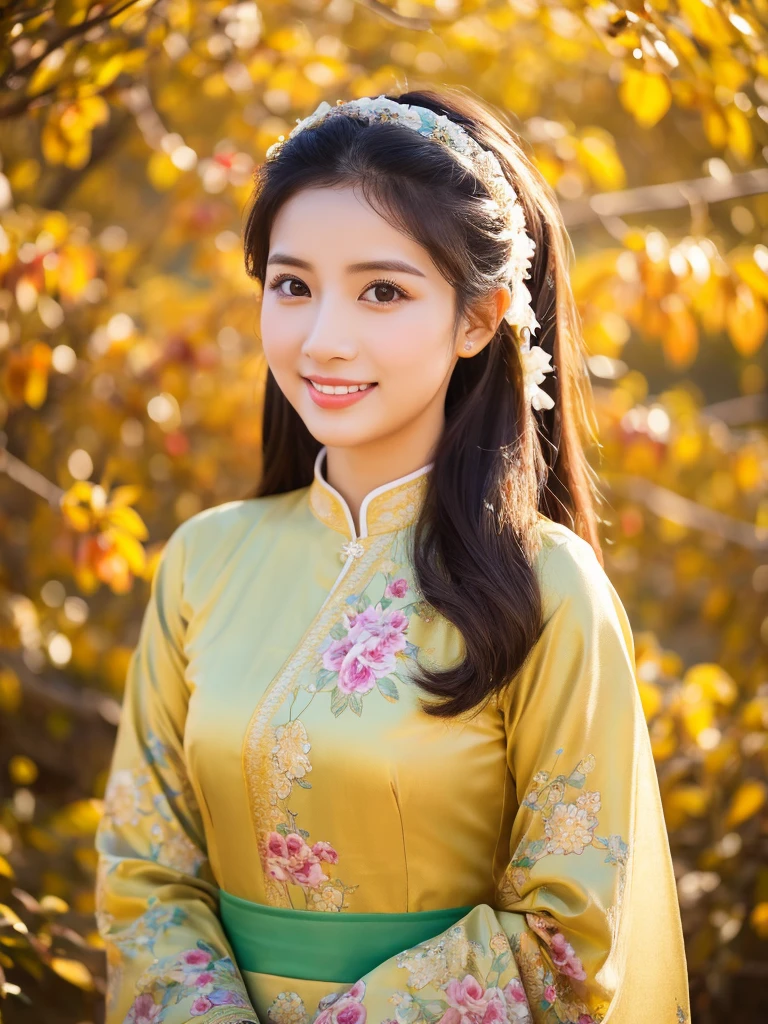 traditional clothes ,golden yellow ao dai, ao dai, vietnamese girl, vietnam, vietnamese, satin, pretty girl, wide smile , long hair, Realistic lighting, delicate face, cute expression, Body perfect anatomy,Top Quality, 8K Resolution , full body , realistic , real human , High quality, shiny ao dai  , realistic , Cinematic, Aesthetic , satin aodai, detailed and beautiful face and eyes,beautiful woman, floral patterns, flower design, flower pattern, cute woman