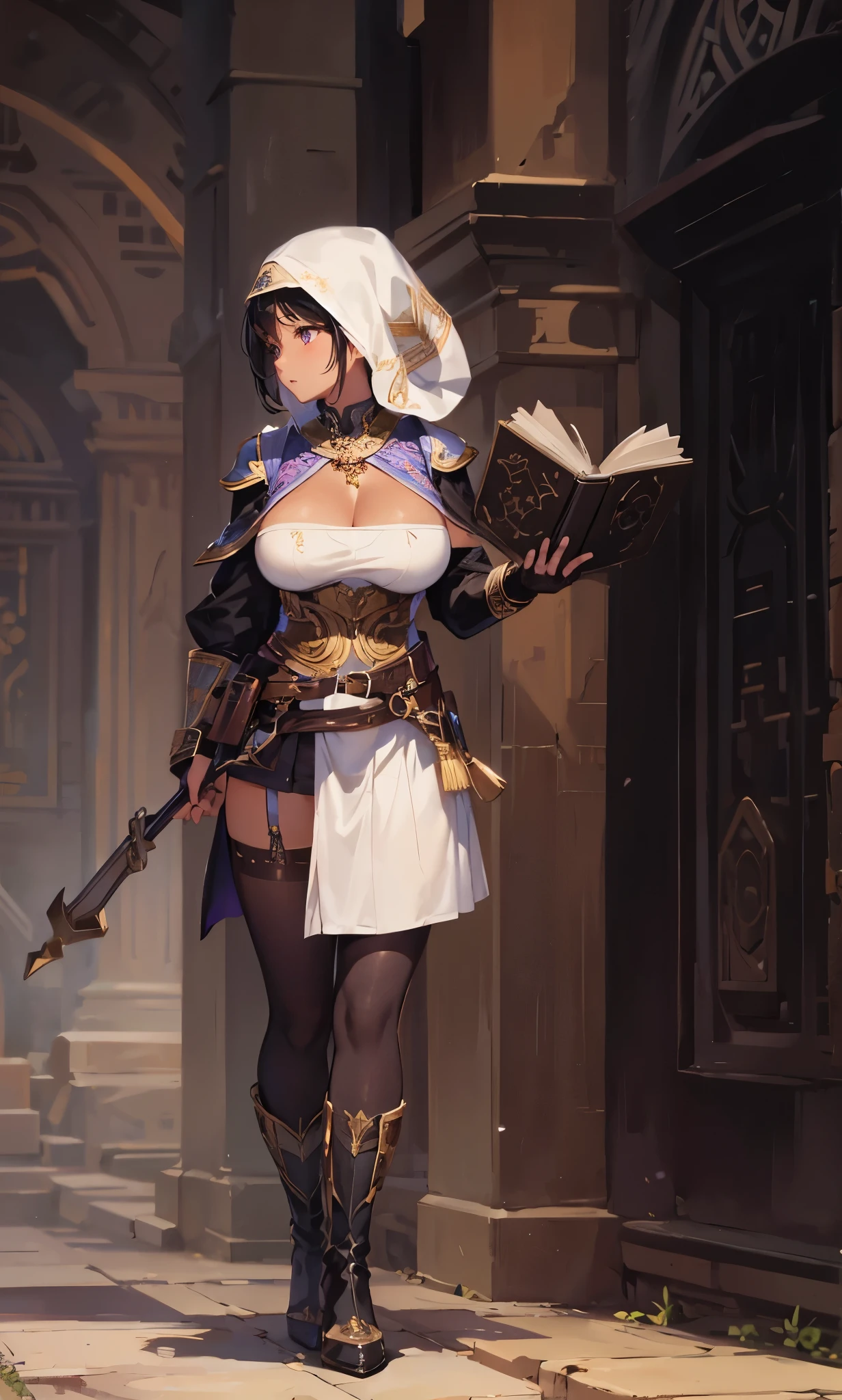 with brown skin,closeup cleavage, The world of dreams, relic, 废墟, ,with brown skin的女孩 , Wearing a loose white headscarf,Egyptian girl, with brown skin, Short hair details,She wears a tight battle suit and bikini armor,Short white clothes skin color, a purple eye, black hair color hair, Short hair details, black suspenders stockings,high heels boots,Holding a magic book